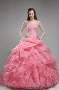 Watermelon Strapless Dress for Quince in Organza with Beading and Ruffles