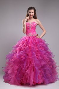 New Fuchsia Ball Gown Sweetheart Ruffled Dress in Organza with Appliques