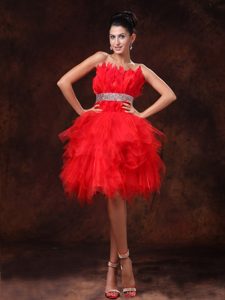 Unique Strapless Knee-length Red Organza Prom Dress with Beading and Ruffles