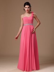 Watermelon Long Ruched Beaded One Shoulder Prom Dress with Flowers