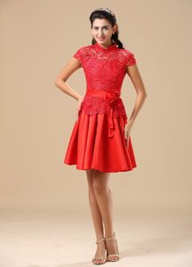 Red High-neck Mini-length Taffeta and Lace Prom Dresses with Sash and Flower