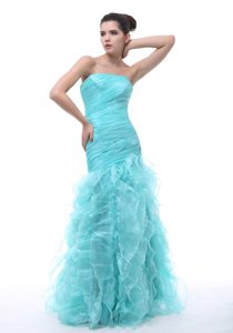 Strapless Long Baby Blue Ruched Organza Prom Evening Dress with Ruffles