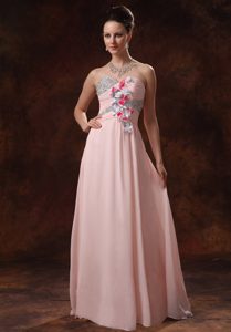Sweetheart Long Baby Pink Beaded Prom Evening Dresses with Flowers