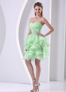 Sweetheart Knee-length Ruched Light Green Prom Dress with Beading and Ruffles