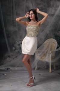 Strapless Mini-length Ruched White Satin and Silver Sequin Prom Cocktail Dress