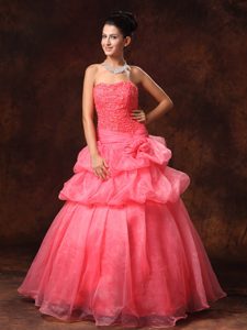 Strapless Princess Watermelon Organza Prom Dress with Beading and Pick-ups