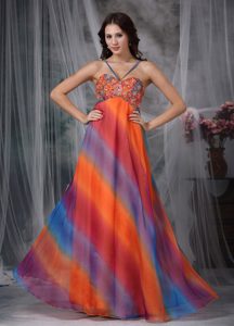 V-neck Spaghetti Straps Long Multi-colored Prom Dress with Beading