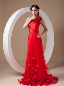 Gorgeous One Shoulder Zipper-up Taffeta Prom Cocktail Dress with Flowers