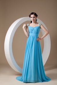 Baby Blue Ruched Square Dressy Prom Bridesmaid Dresses with Brush Train