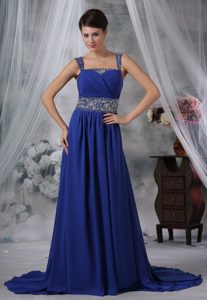Beaded Royal Blue Chiffon Romantic Prom Dress for Women with Brush Train
