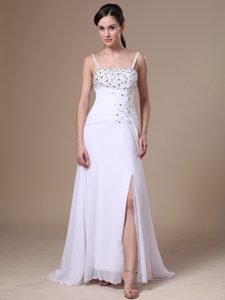 Fashionable Beaded Zipper-up White Long Prom Dress for Girls with High Slit