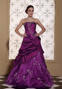 Purple Taffeta and Organza Sweet Long Prom Cocktail Dress with Embroidery