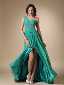 Exquisite One Shoulder Beaded Chiffon Prom Bridesmaid Dress in Turquoise