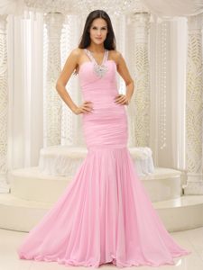 Mermaid V-neck Ruched Baby Pink Romantic Prom Gown Dress with Beading