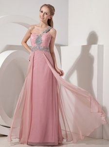 Gorgeous One Shoulder Beaded Zipper-up Chiffon Prom Court Dress in Pink
