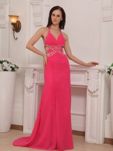 Coral Red Halter Top Chiffon Luxurious Prom Formal Dress with Brush Train