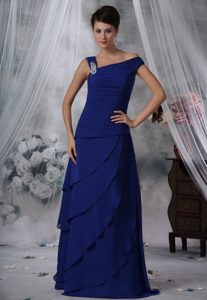 Beaded Royal Blue Unique Prom Homecoming Dress with Asymmetrical Neck