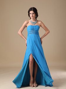 Dressy Aqua Blue Ruched and Beaded Prom Graduation Dress with High Slit