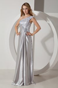 Magnificent Silver One Shoulder Beaded Prom Pageant Dress in Floor-length