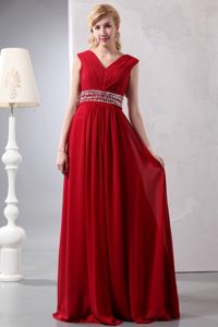 Wine Red V-neck Ruched and Beaded Beautiful Prom Evening Dress for Fall