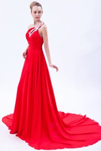 One Shoulder Court Train Chiffon Red Special Prom Cocktail Dress for Spring