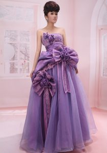 Beautiful Strapless Organza Lilac Beaded Prom Graduation Dress with Flower