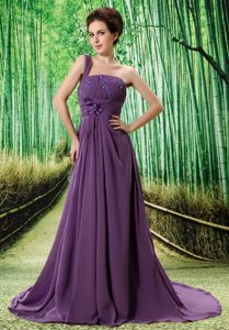 One Shoulder Appliqued and Beaded Gorgeous Prom Evening Dress in Purple