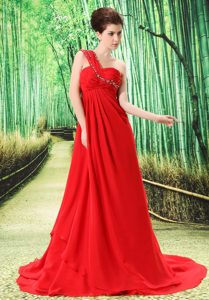 Dressy Red One Shoulder Ruched Chiffon Prom Dress for Girls with Appliques