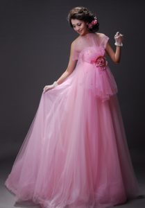 Strapless Baby Pink Beaded Tulle Discount Long Prom Court Dress for Spring