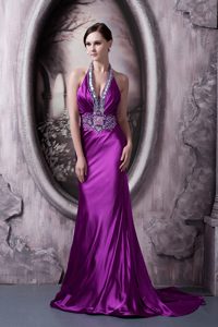 Sweet Eggplant Purple Backless Halter Prom Graduation Dress with Appliques