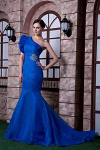 Royal Blue Mermaid Satin Memorable Prom Holiday Dress with Brush Train