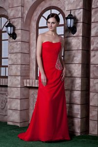 One Shoulder Red Chiffon 2013 Exquisite Prom Gown Dresses with Beading