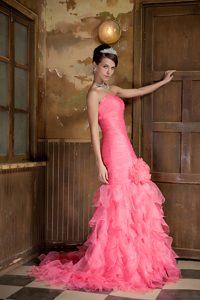 Watermelon Mermaid Sweetheart Prom Dress with Hand Made Flower and Ruffles
