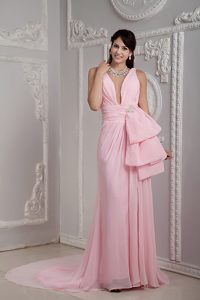 Lovely 2013 Baby Pink Empire V-neck Chiffon Beaded Prom Dress with Court Train
