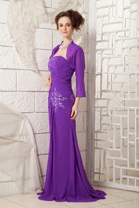 Elegant Purple Column One Shoulder Prom Dresses with Appliques and Ruching
