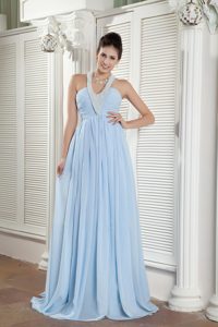 Popular Light Blue Empire Halter Top Chiffon Beaded Prom Dress with Brush Train