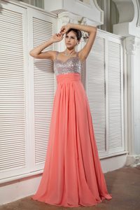 2014 Watermelon Red Empire Straps Chiffon Beaded Prom Dress with