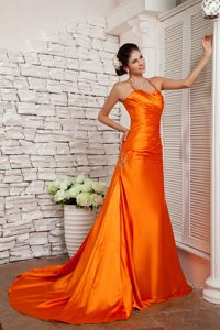 Orange Red Elastic Woven Satin Beaded Prom Evening Dress