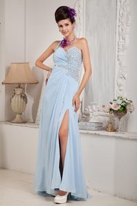 2014 Light Blue Empire One Shoulder Chiffon Beaded Prom Evening Dress with Slit