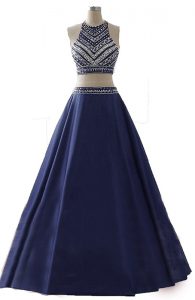 Decent Scoop Sleeveless Prom Party Dress Floor Length Beading Navy Blue Chiffon