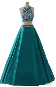 Scoop Dark Green Zipper Dress for Prom Beading Sleeveless Floor Length