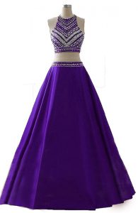 High Class Purple A-line Scoop Sleeveless Chiffon Floor Length Zipper Beading Homecoming Dress