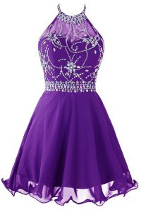 Mini Length Purple Evening Dress Halter Top Sleeveless Zipper