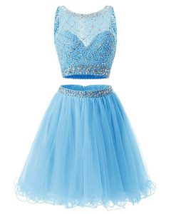 Enchanting Baby Blue Organza Side Zipper Sweetheart Sleeveless Mini Length Prom Evening Gown Beading and Belt
