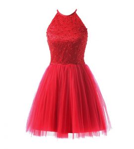 Great Coral Red Scoop Zipper Beading Prom Evening Gown Sleeveless