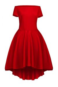 High Class Wine Red A-line Satin Bateau Short Sleeves Ruching Tea Length Side Zipper Homecoming Dress
