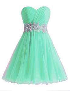 Apple Green A-line Chiffon Sweetheart Sleeveless Beading and Ruching Knee Length Lace Up Prom Evening Gown