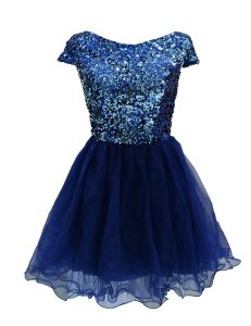 Hot Selling Navy Blue Prom Evening Gown Prom and Party and For with Sequins Bateau Cap Sleeves Zipper