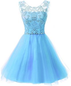 Customized Knee Length Baby Blue Prom Evening Gown Scoop Sleeveless Zipper