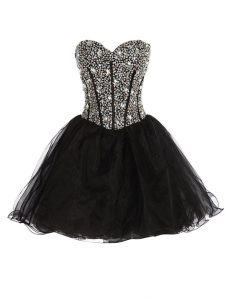Deluxe Black Sleeveless Mini Length Beading Lace Up Prom Evening Gown